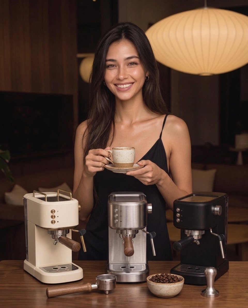 Elle with espresso machines on a table in warm lamplight