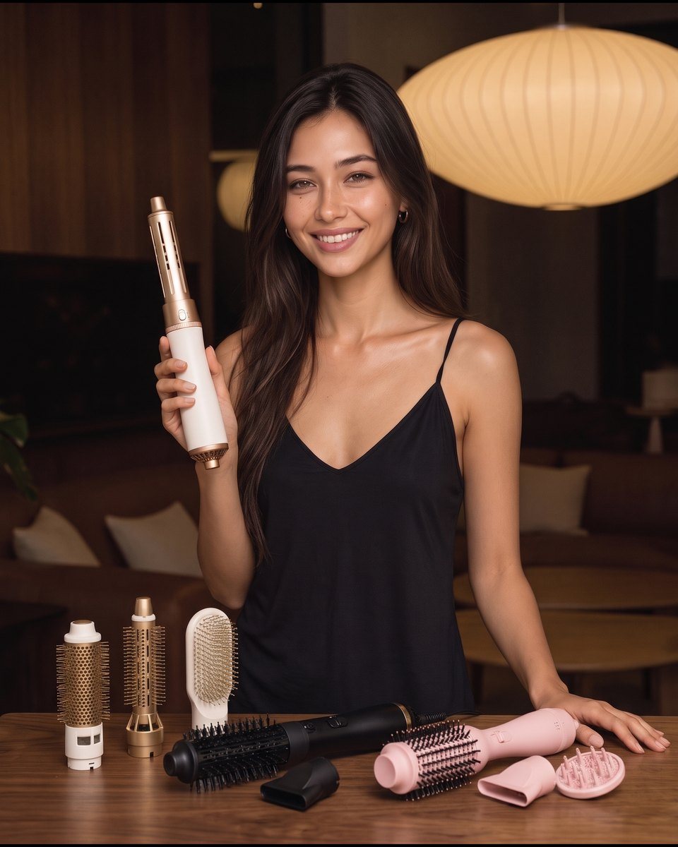 Elle with hot air stylers on a table in warm lamplight
