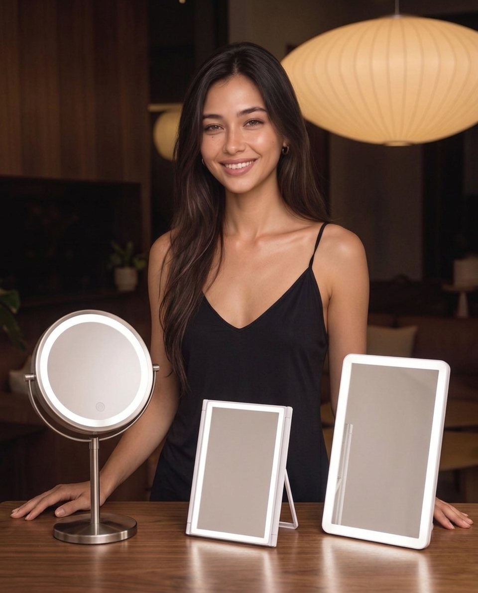 Elle with lighted makeup mirrors on a table in warm lamplight