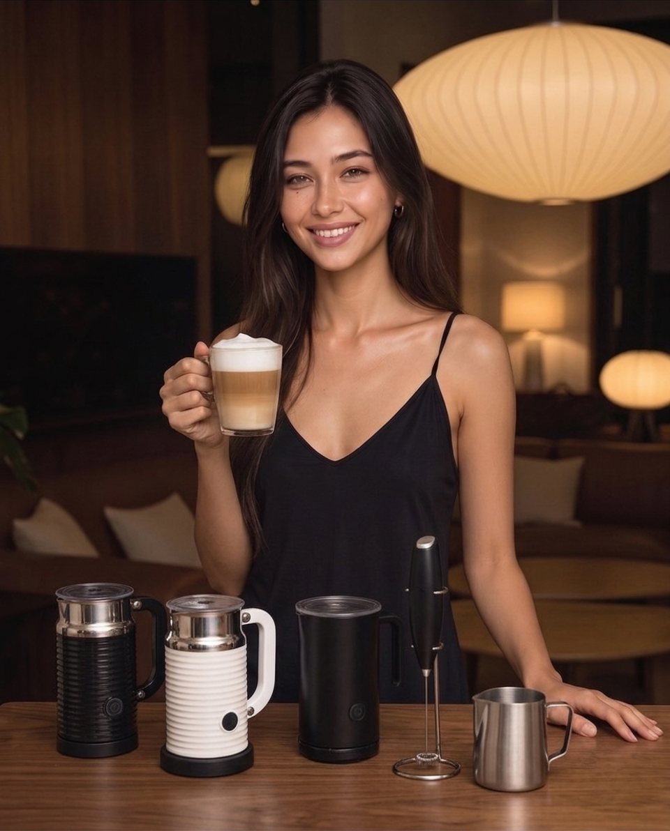 Elle with milk frothers on a table in warm lamplight