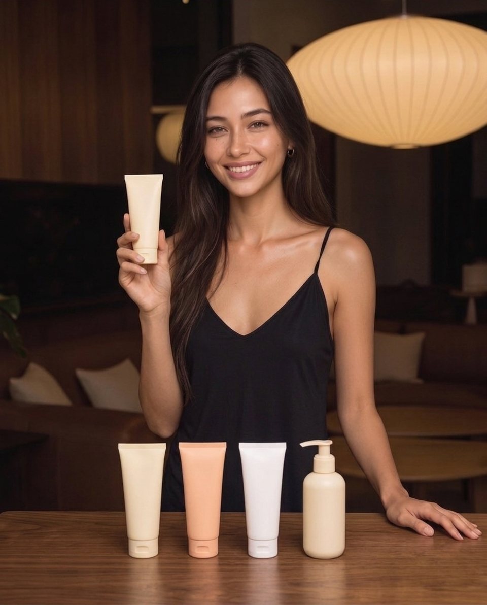 Elle with sunscreen on a table in warm lamplight