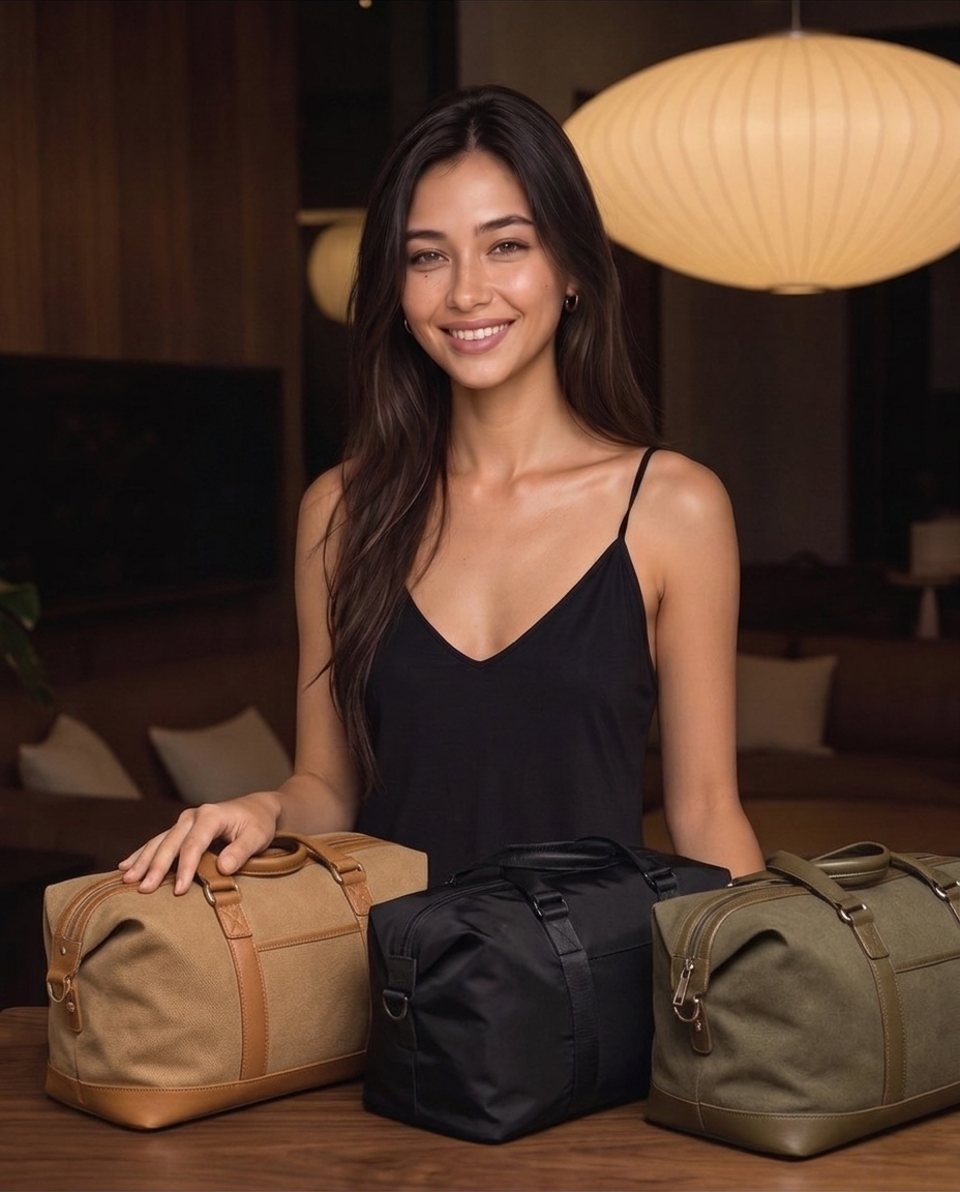 Elle with weekender bags on a table in warm lamplight