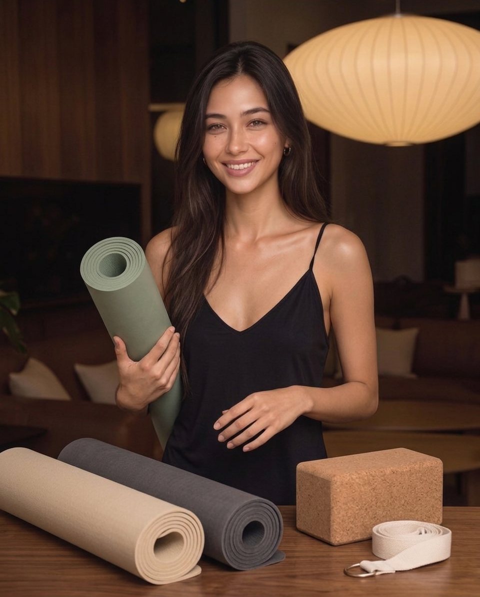 Elle with yoga mats on a table in warm lamplight
