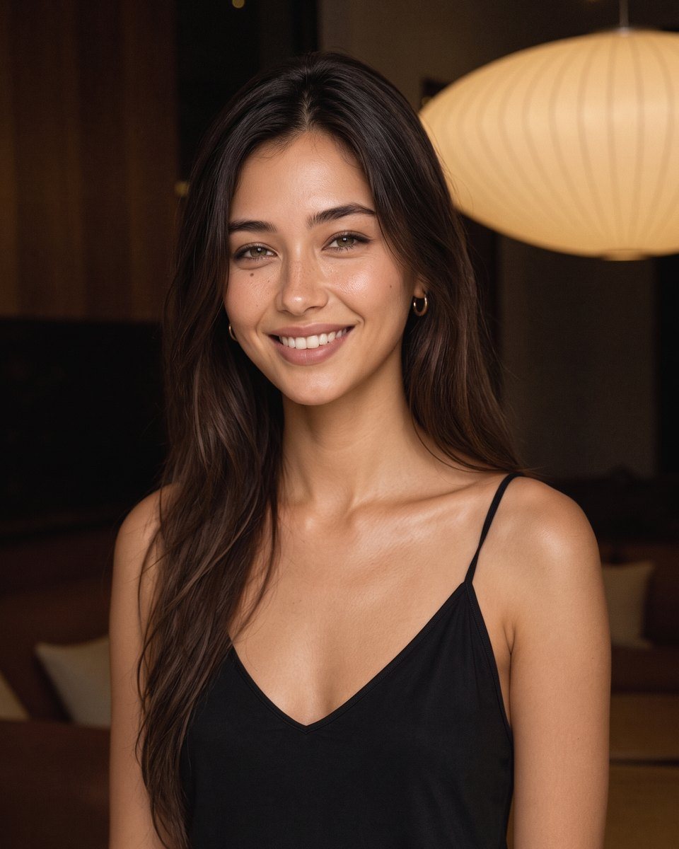 Elle smiling in a black slip top in warm lamplight